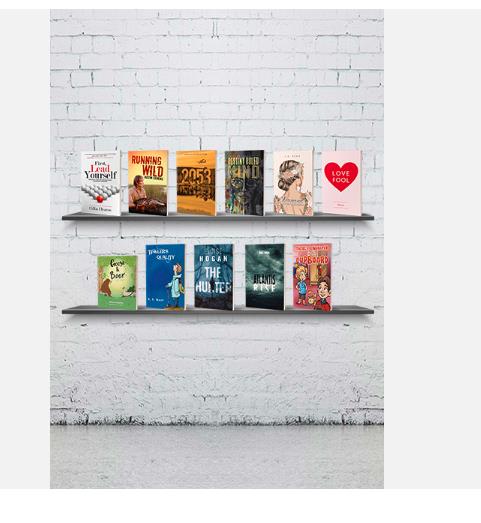 Image shows a white brick background, there are two shelves ontop of each other holding different books. The first shelf has 6 books and the second shelf has 5 books.